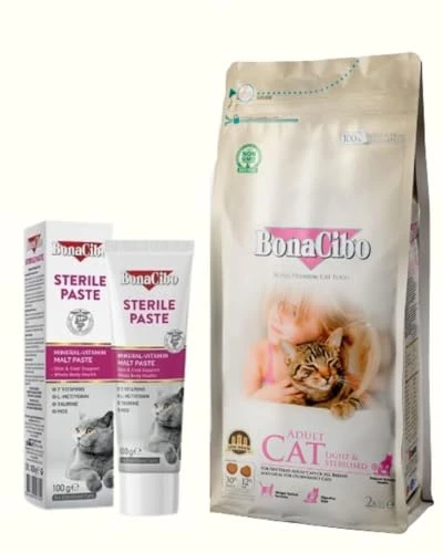 BonaCibo Kısırlaştırılmış Kedi Bakım Seti: Light & Sterilised Kuru Mama 2 Kg ve Sterile Paste Vitamin Macunu 100g ürün görseli 1