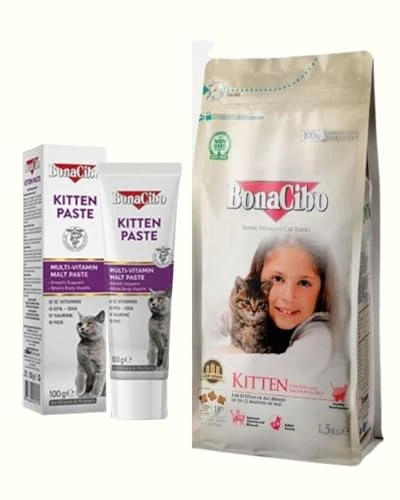 BonaCibo Yavru Kedi Başlangıç Seti: Tavuklu Kuru Mama 1.5 Kg ve Kitten Paste Multivitamin Macun 100g ürün görseli 1