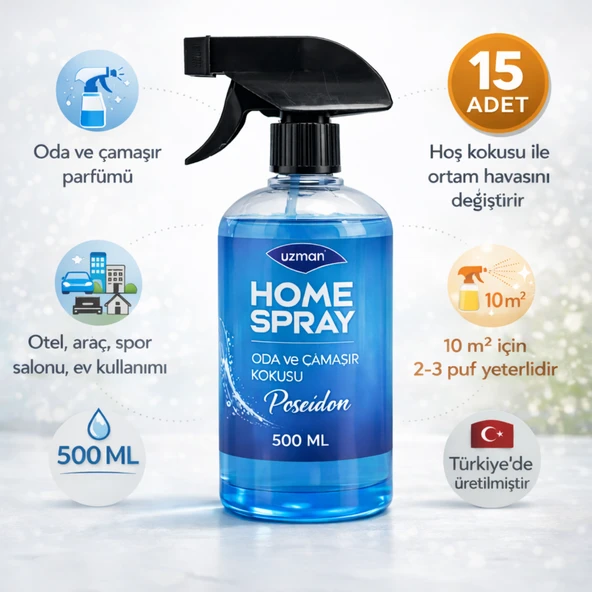 Uzman Home Spray Posedion Oda Spreyi - Çamaşır Kokusu 500 ml (15 Adet) – Ev, Ofis, Araç ürün görseli 1