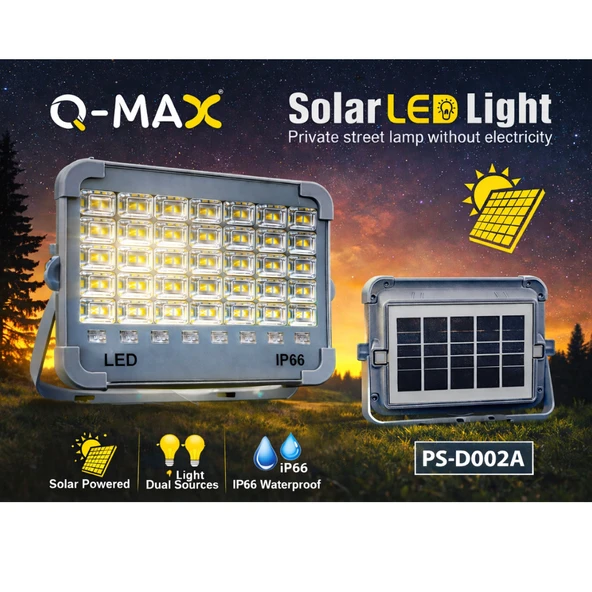 Q-MAX Solar LED Işıldak IP66 Su Geçirmez 5 Modlu Güneş Enerjili Aydınlatma PS-D002A ürün görseli 1