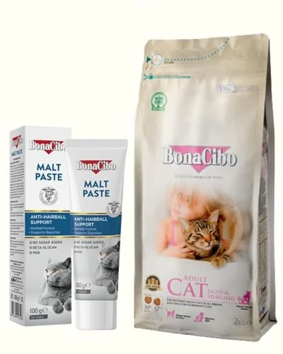 BonaCibo Kısırlaştırılmış Kedi Bakım Seti: Light & Sterilised Kuru Mama 2 Kg ve Malt Paste Tüy Yumağı Macunu 100g ürün görseli 1