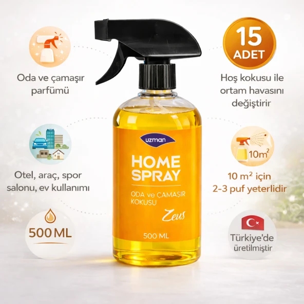 Uzman Home Spray Zeus Oda Spreyi - Çamaşır Kokusu 500 ml (15 Adet) – Ev, Ofis, Araç ürün görseli 1
