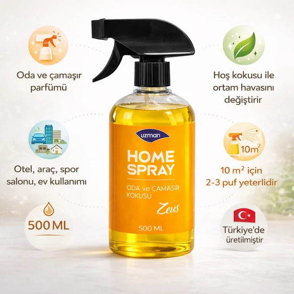 Uzman Home Spray Zeus Oda Spreyi - Çamaşır Kokusu 500 ml – Ev, Ofis, Araç ürün görseli 1
