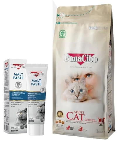 BonaCibo Yetişkin Kedi Bakım Seti: Tavuklu ve Hamsili Kuru Mama 2 Kg ve Malt Paste Tüy Yumağı Macunu 100g ürün görseli 1