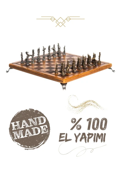 MC33 - Metal Satranç Takımı Çin Antik Figürlü Metal Taşlar – Gerçek Kayın Tahtası - Hediyelik Satranç Takımı - 25x25cm ürün görseli 1
