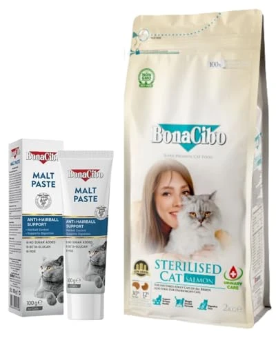 BonaCibo Somonlu ve Balıklı Kısırlaştırılmış Kedi Maması 2 Kg + Malt Paste 100 gr - Balık Sever Kedilere Özel Set ürün görseli 1