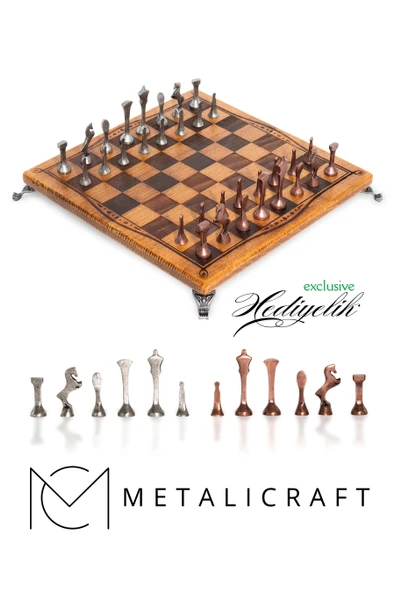 MC34 Metal Satranç Takımı | Gerçek Kayın Ağacı Satranç Tahtası - 25x25cm | Antik Metal Taşlar ürün görseli 1