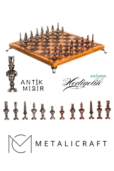 MC32 Antik Mısır Figürlü Büyük Boy Metal Satranç Takımı - Lüks Hediyelik Satranç Takımı - 30x30cm ürün görseli 1