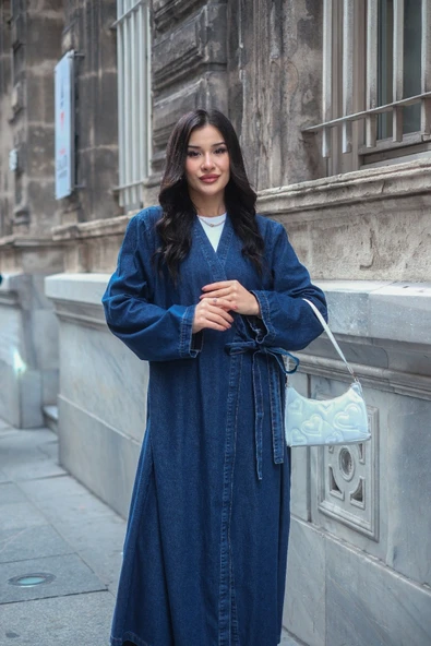 Kadın Kot Kimono Uzun Pardesü - Resim 5