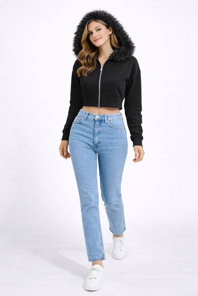 KÜRK DETAYLI CROP SWEATSHIRT - Resim 3