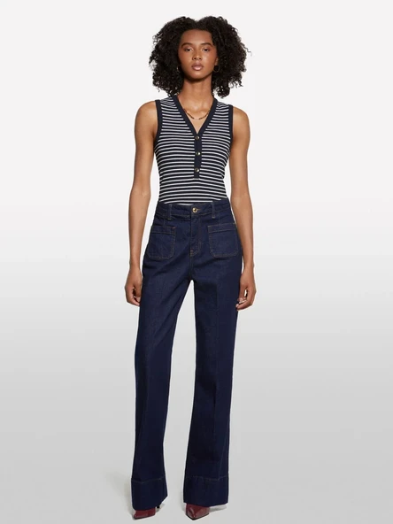 Sisley   Pamuk Karışımlı Önü Yama Cepli Bol Paça Denim Pantolon Kadın Açık Mavi Pantolon - 325A448QLF07G ürün görseli 1