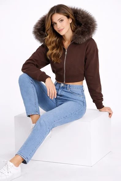 KÜRK DETAYLI CROP SWEATSHIRT - Resim 11