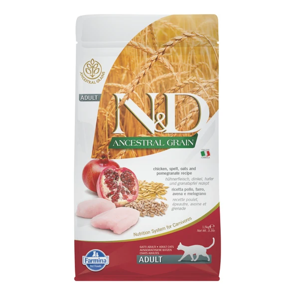 N&D Ancestral Grain Tavuklu ve Narlı Ata Tahıllı Yetişkin Kedi Maması 1,5kg ürün görseli 1