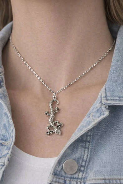 Kertenkele Figürlü Gümüş Renk Unisex Kolye ürün görseli 1