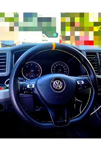Dikişli Deri Direksiyon Kılıfı Siyah Deri Sarı Yüzüklü Sarı Dikişli Volkswagen İçin ürün görseli 1