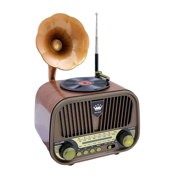 Nostaljik Gramofon Görünümlü Md-1319bt Fm Radyo Retro Ahşap Bluetooth Hoparlör ürün görseli 1