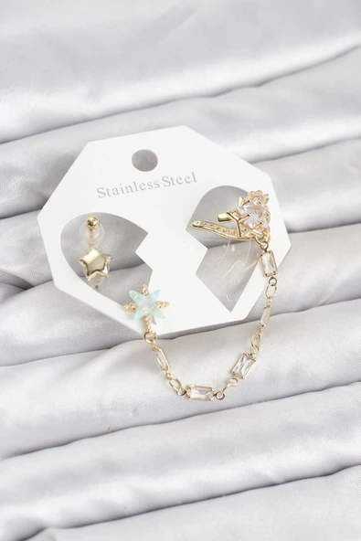 Yıldız Model Pirinç Gold Renk Zincir Bağlantılı Ear Cuff Küpe Seti ürün görseli 1