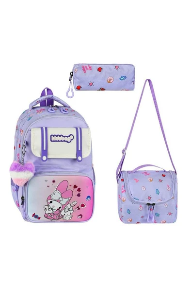 İlkokul Kız Çocuk Çantası 3'lü Set Kore Tarzı 40*30 Cm Beslenme Çantası Kalem Kutusu Ortopedik ürün görseli 1