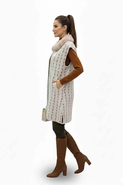 5524 CREAM PELUŞ YELEK - Resim 6