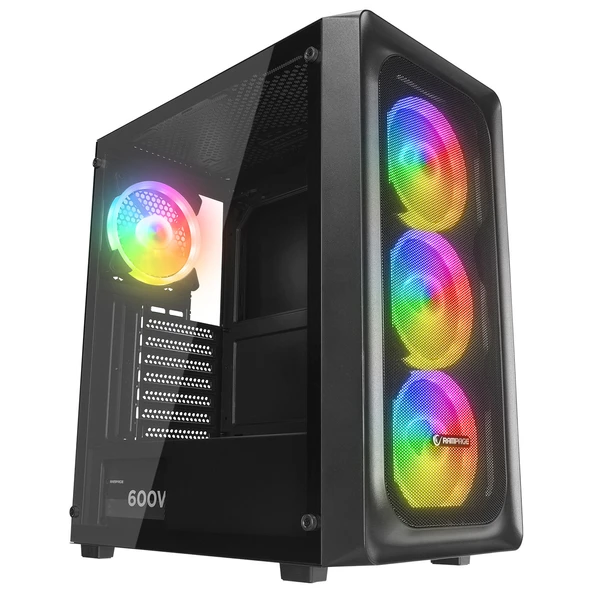 RAMPAGE ARMOR V2 600W 80 PLUS BRONZE TEMPERLI CAMLI 4x12CM RGB FAN GAMING OYUNCU KASASI RAMPAGE ürün görseli 1