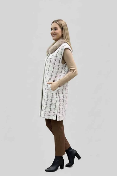 5524 CREAM PELUŞ YELEK - Resim 7