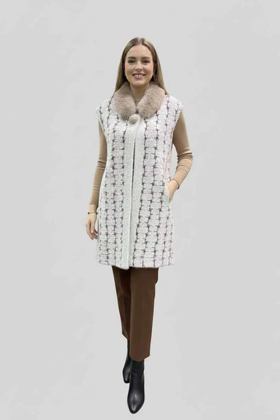 5524 CREAM PELUŞ YELEK - Resim 4