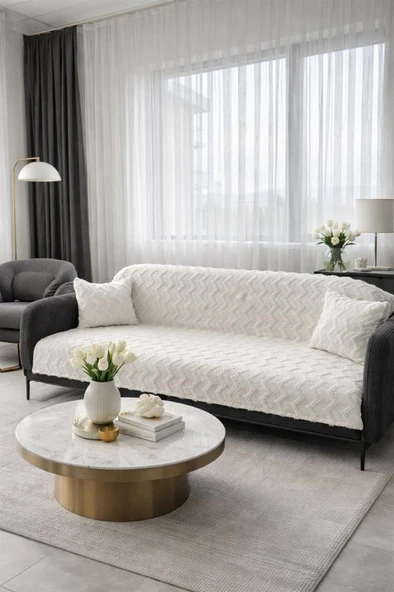 Lumpa Kırlent Kılıfı Hediyeli 170x210 cm Pamuklu Koltuk Örtüsü Krem ürün görseli 1