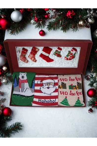 Chiristmas Socks YılbaşıDesenliUnisexYetişkinÇorap3'lüHediyeSeti ürün görseli 1
