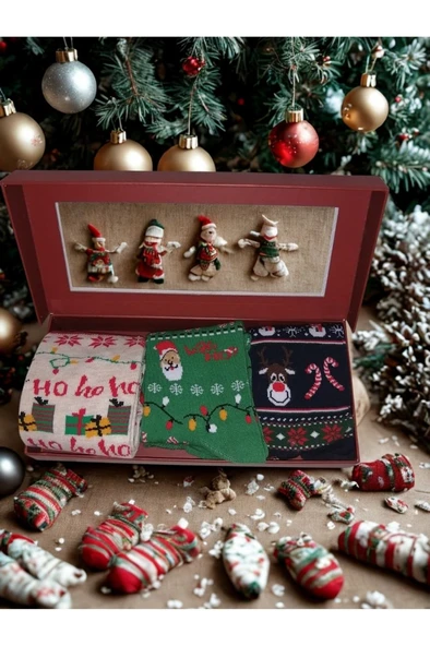 Chiristmas Socks YılbaşıDesenliUnisexYetişkinÇorap3'lüHediyeSeti ürün görseli 1