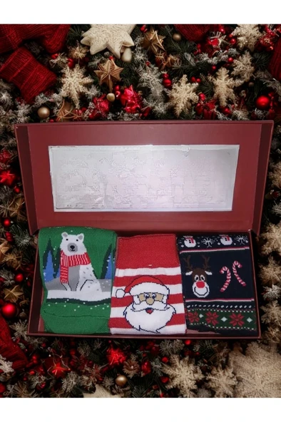 Chiristmas Socks YılbaşıDesenliUnisexYetişkinÇorap3'lüHediyeSeti ürün görseli 1