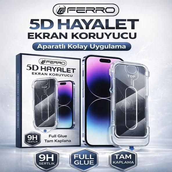 Ferro iPhone 15 Pro Max 5D Hayalet Ekran Koruyucu - Aparatlı Kolay Uygulama - 9H Tam Kaplama Full  Cam ürün görseli 1