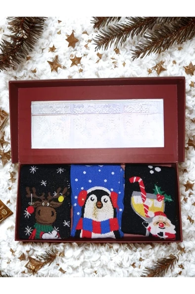 Chiristmas Socks Simli Yılbaşı Desenli Unisex Yetişkin Çorap 3'lü Hediye Seti ürün görseli 1