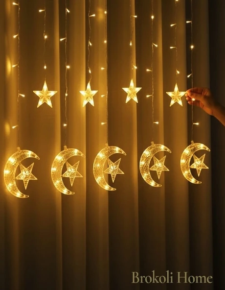 Ay Yıldız Perde Led 8 Mod Ramazan Led Işık Gün Işığı Ramazan Süsleme Led Aydınlatma Ramazan Işık ürün görseli 1