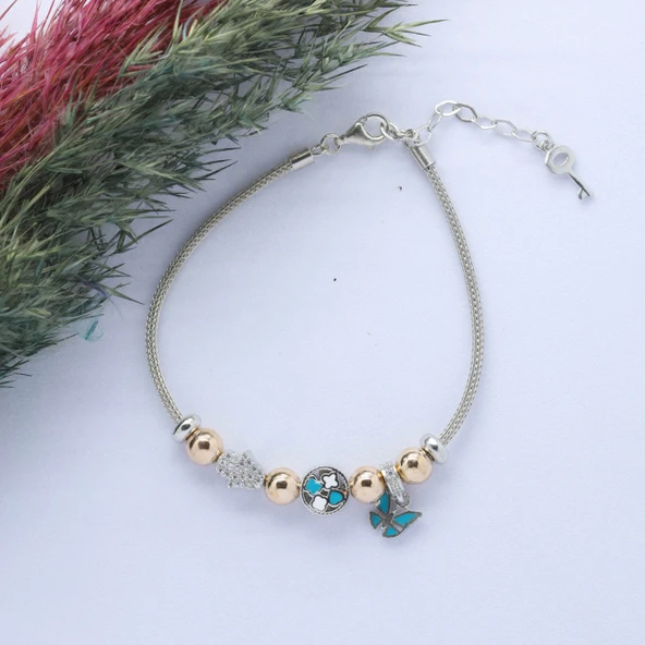 Kelebek-Fatma Ana Eli (Butterfly-Fatima Hand) Figürlü 925 Ayar Gümüş Charm Bileklik ürün görseli 1
