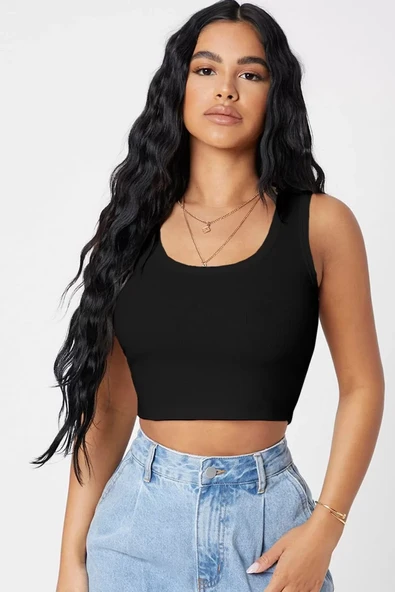 Kadın Siyah Kare Yaka Crop Top Bluz ürün görseli 1