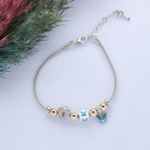 Kelebek- Kalp (Butterfly-Heart) Figürlü 925 Ayar Gümüş Charm Bileklik ürün görseli 1