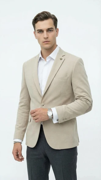 Erkek Kolu Yamalı Blazer Ceket – Taş Renk, İtalyan Kesim Slim Fit, Şık Tasarım ürün görseli 1