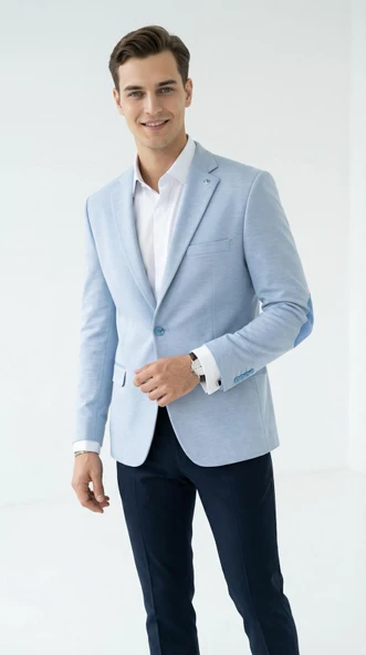 Erkek Kolu Yamalı Blazer Ceket – Bebe Mavi Renk, İtalyan Kesim Şık ve Modern Tasarım ürün görseli 1
