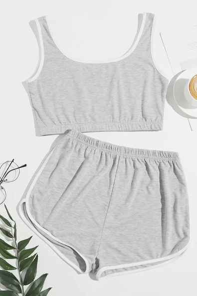 Kadın Gri Askılı Crop Top ve Şortlu Gecelik Takım ürün görseli 1