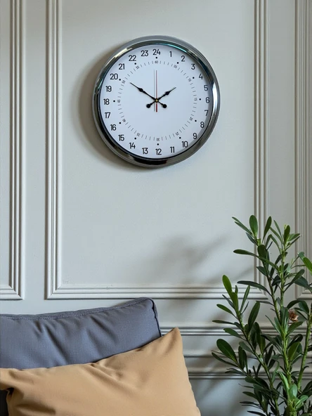 Krom 40 Cm Metal 24 Saat Göstergeli Özel Tasarım Duvar Saati ürün görseli 1