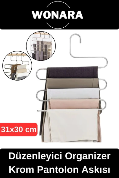 #Askılık Çok Katlı Dolap İçi Kaymaz Alan Kazandıran Düzenleyici Paslanmaz Krom Pantolon Eşarp Askısı ürün görseli 1
