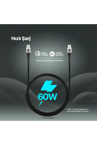 Ekstra Dayanıklı Transparan USB-C –USB-C 60W PD/QC 120cm Hızlı Şarj/Data Kablosu Siyah 2DK58S ürün görseli 1