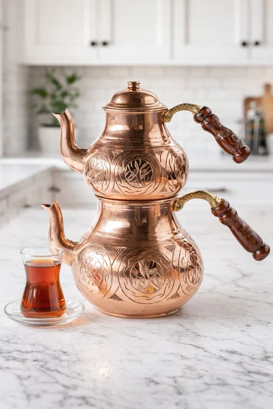 DMT COPPER HOME Bakır BÜYÜK BOY  Çaydanlık – El Keski Gaziantep Üretimi ürün görseli 1