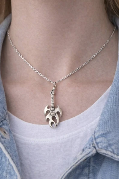 Alev Detaylı Gitar Figürlü Gümüş Renk Metal Tasarım Unisex Günlük Kolye ürün görseli 1