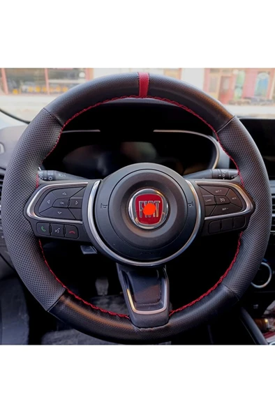 DİKİŞLİ DİREKSİYON KILIFI MİNİKARE KARBON / NOKTALI DERİ KIRMIZI YÜZÜK / DİKİŞLİ FIAT EGEA İÇİN ürün görseli 1