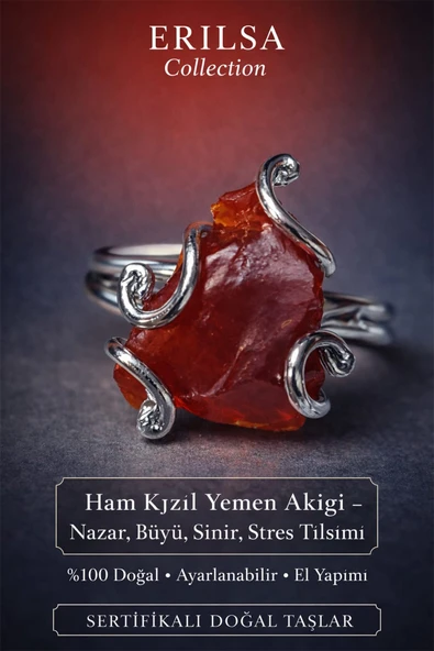 Sertifikalı Nazar Sinir Stres Tılsımı Yüzüğü – Ham Kızıl Yemen Akik Taşı – Ayarlanabilir ürün görseli 1