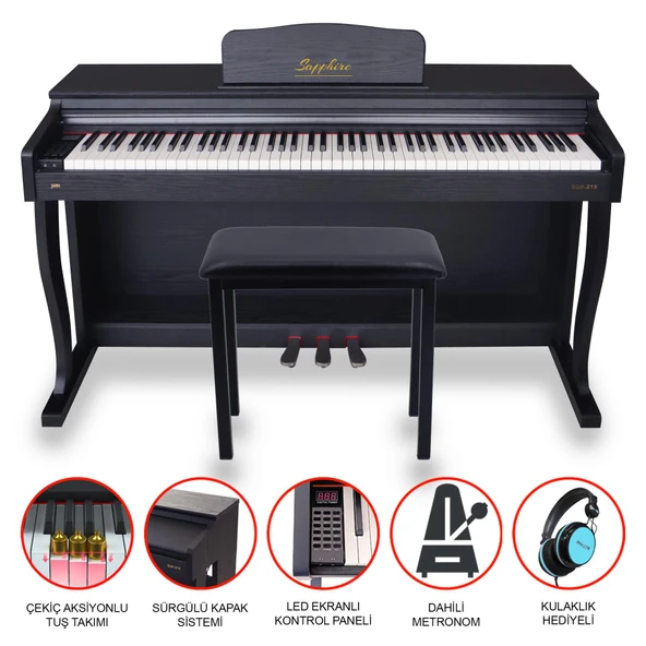 Jwin Sapphire SDP-215 Çekiç Aksiyonlu 88 Tuşlu Dijital Piyano + Tabure - Siyah ürün görseli 1