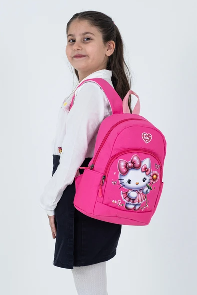 Pembe Hello Kitty Figürlü Kız Çocuk Anaokulu Sırt Çantası – Çiçek Desenli, Sevimli Kreş Çantası ürün görseli 1