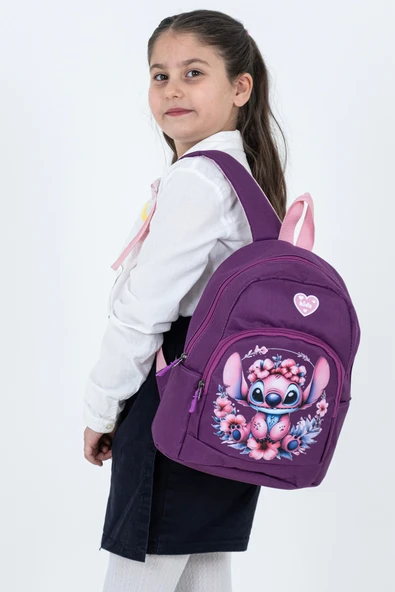 Mor Stitch Figürlü Kız Çocuk Anaokulu Sırt Çantası – Çiçek Desenli, Ergonomik Kreş Çantası ürün görseli 1