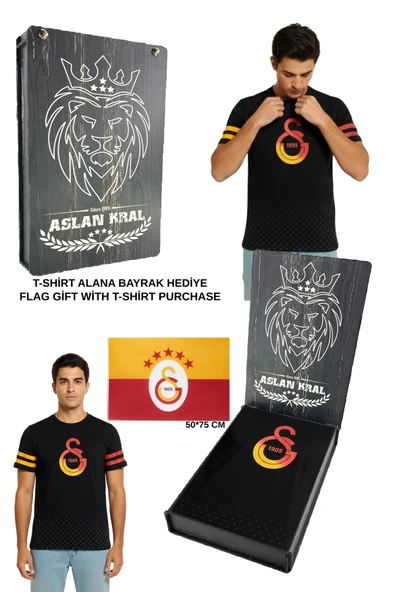 Galatasaray Lisanslı Logo Baskılı Siyah T-Shirt BAYRAK ve LAZER Kutu Hediyeli ürün görseli 1